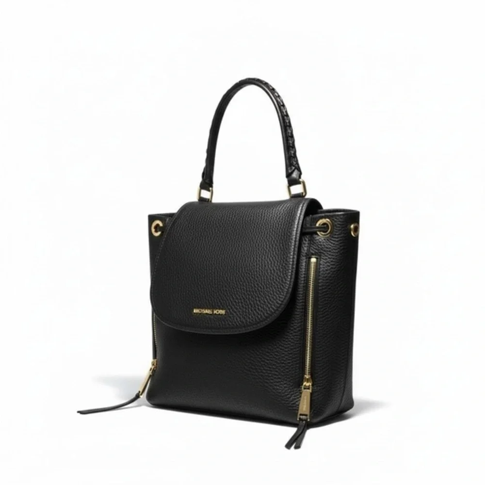 Michael Kors Black Pebbled Leather Top-Handle Backpack with Gold Hardware